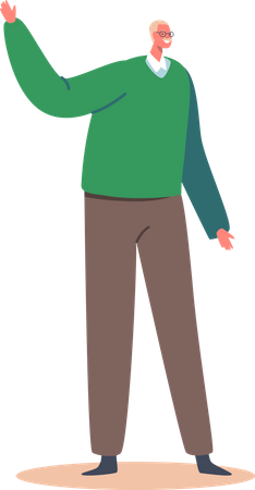 Senior Male Character Wear Green Sweater Waving Hands  Illustration