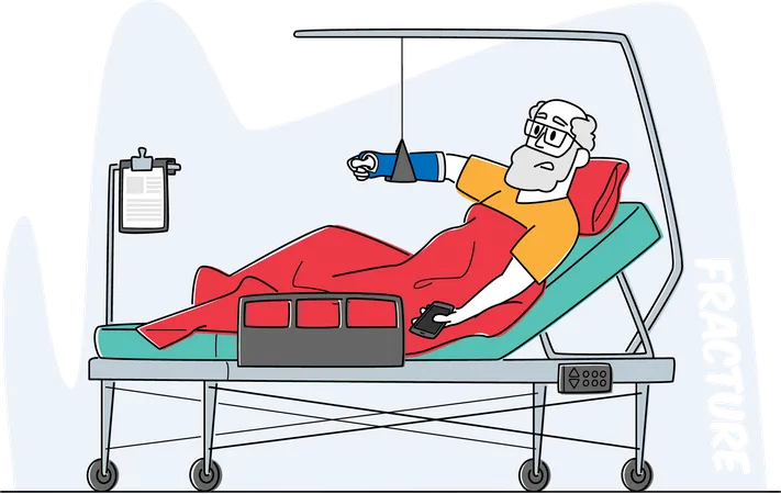 Senior Male Lying in Clinic Chamber with Broken Arm. Injured Bandaged Patient Lying on Bed with Bounded Hand  Illustration