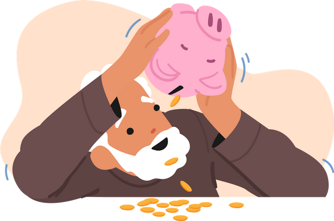 Senior Male Shaking Piggy Bank with Coins Falling Down on Desk Illustration
