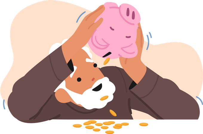 Senior Male Shaking Piggy Bank with Coins Falling Down on Desk  Illustration