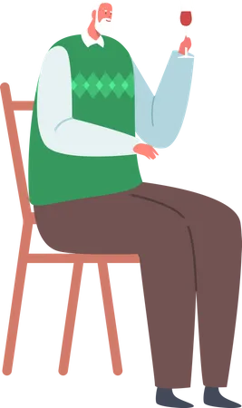 Senior Male Sitting on Chair Holding Wineglass Illustration