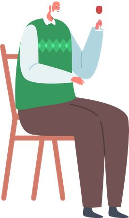 Senior Male Sitting on Chair Holding Wineglass  Illustration