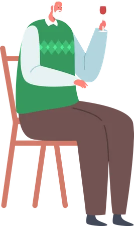 Senior Male Sitting on Chair Holding Wineglass  Illustration