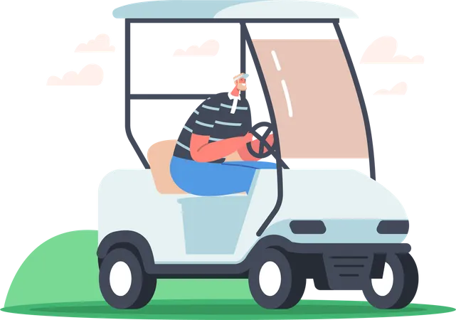 Senior Man a Driving Golf Cart  Illustration