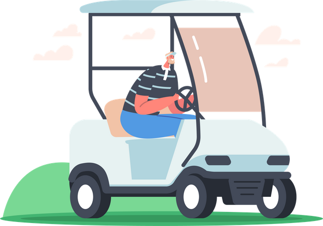 Senior Man a Driving Golf Cart  Illustration