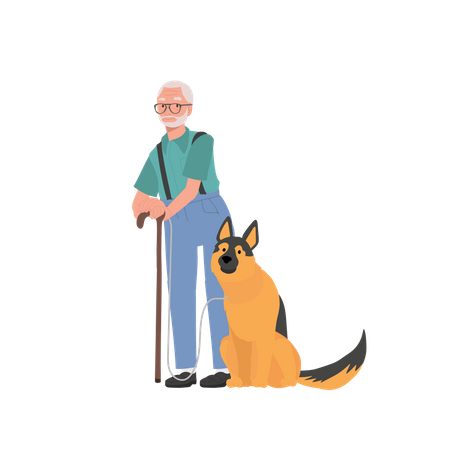 Senior man and his Loyal German Shepherd Enjoying  Illustration