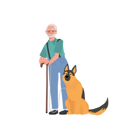 Senior man and his Loyal German Shepherd Enjoying  Illustration