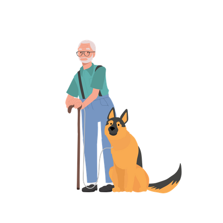 Senior man and his Loyal German Shepherd Enjoying  Illustration