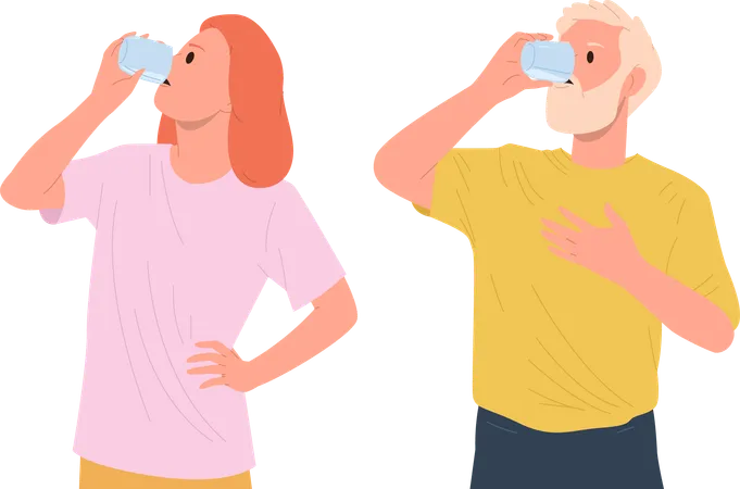 健康的な朝の習慣を持って水を飲む年配の男性と成熟した女性  イラスト