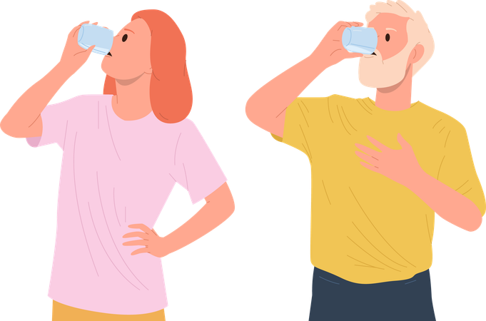 Senior man and mature woman drinking water having healthy morning habit  Illustration