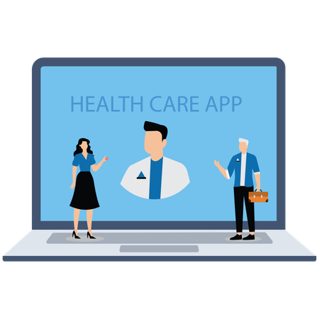 Senior Man and woman discuss with doctor using Health care app  Illustration