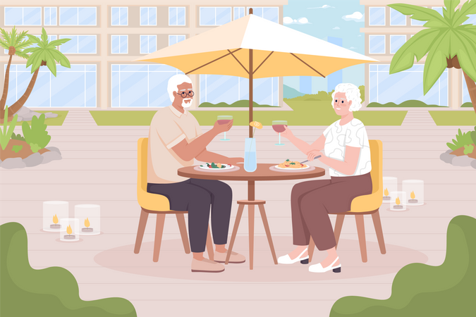 Senior man and woman have dinner in resort cafe  Illustration