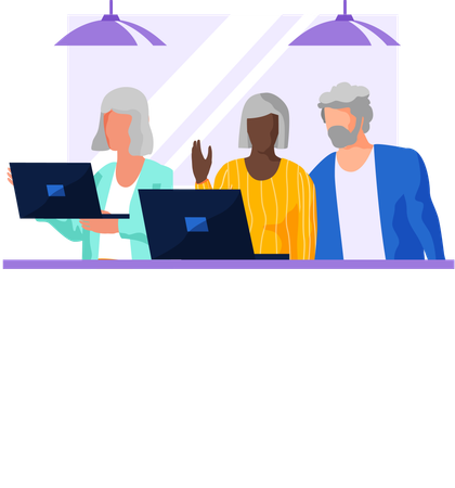 Senior man and woman sitting and networking with laptops  Illustration