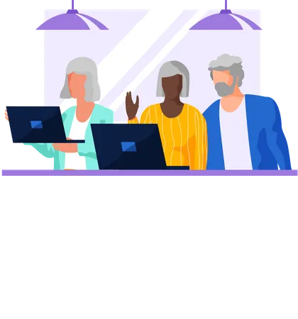 Senior man and woman sitting and networking with laptops  Illustration