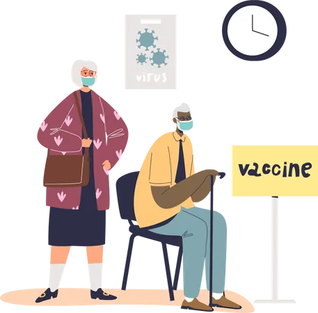 Senior man and woman wait for vaccine from coronavirus in clinic Illustration