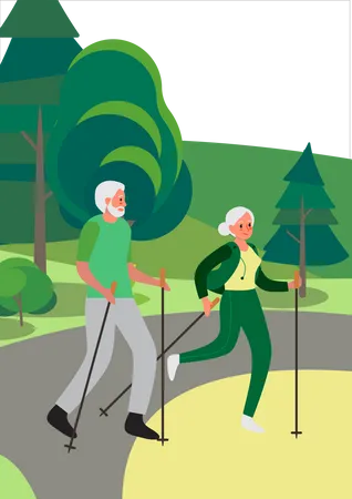 Senior man and woman walking together in garden Illustration