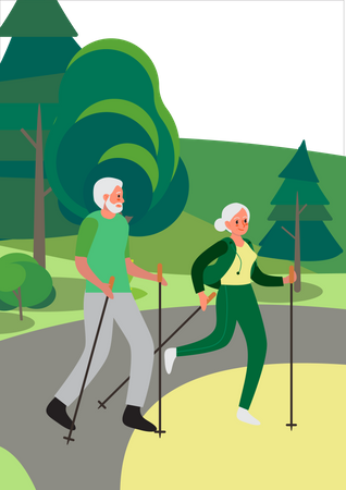 Senior man and woman walking together in garden  Illustration