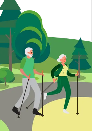 Senior man and woman walking together in garden  Illustration