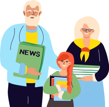 Senior man and woman with a granddaughter holding recyclables, papers, old books, newspapers  Illustration