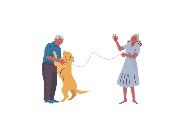 Senior man and woman with dog  Illustration