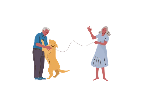Senior man and woman with dog  Illustration