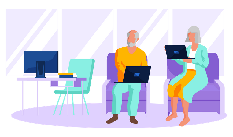 Senior man and woman working on laptop Illustration