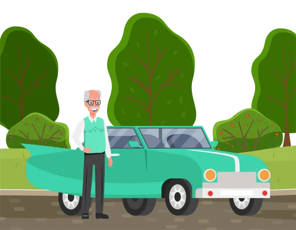 Senior Bald Man With Glasses And Vest Next To His Personal Transport Elderly Male Character With Gray Hair Pensioner Retired Person Stands Near Retro Car Granddad Grandfather Vector Illustration Illustration