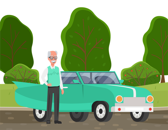 Senior man buying new car  Illustration