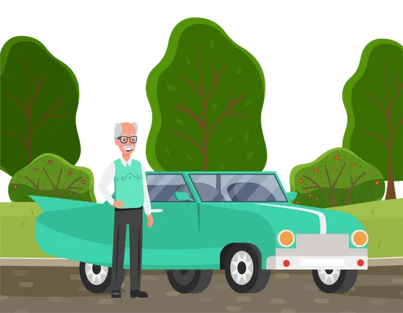 Senior man buying new car  Illustration