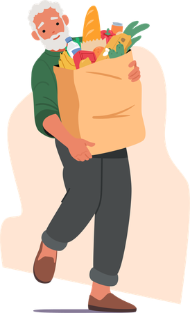 Senior man carrying huge shopping bag filled with groceries  Illustration