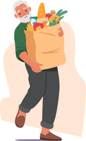 Senior man carrying huge shopping bag filled with groceries  Illustration