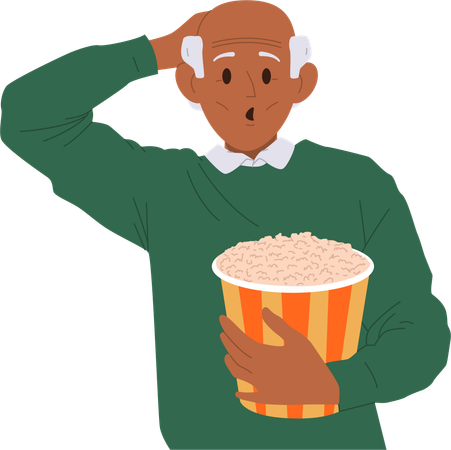 Senior man character feeling impressed scratching head eating popcorn while watching cinema movie  Illustration