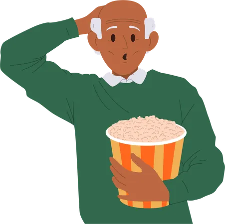 Senior man character feeling impressed scratching head eating popcorn while watching cinema movie  Illustration