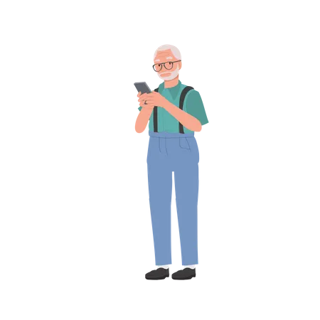 Modern Senior Lifestyle Technology And Elderly Concept Senior Man Chatting And Browsing On Smartphone Illustration