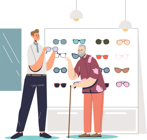 Senior man choosing glasses in optics store Illustration