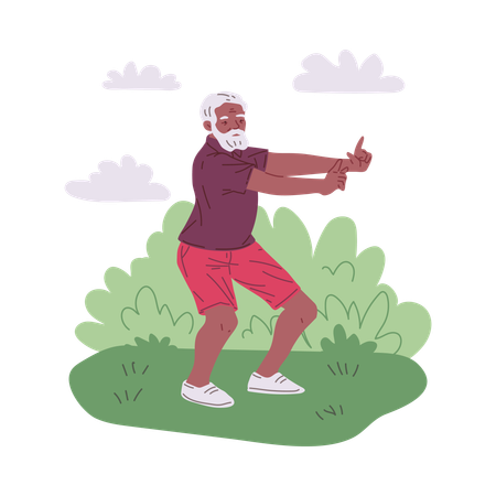 Senior man doing outdoor tai chi practice  Illustration