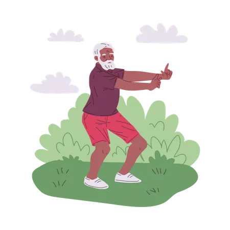 Senior man doing outdoor tai chi practice  Illustration