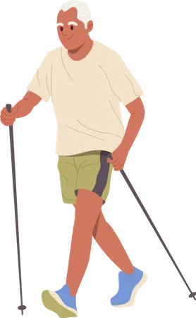 Senior Man Cartoon Character Enjoying Nordic Walking With Sticks Vector Illustration Active Health Male Pensioner Doing Cardio Exercise Satisfied With Morning Trekking For Wellbeing And Strong Body Illustration