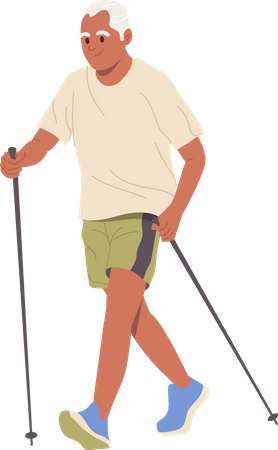 Senior man enjoying walking with sticks doing cardio exercise  Illustration