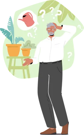 Dementia Alzheimer Disease And Lost Memory Concept Senior Man Forgot Watering Plants Old Male Character With Mental Problems Isolated On White Background Cartoon People Vector Illustration Illustration