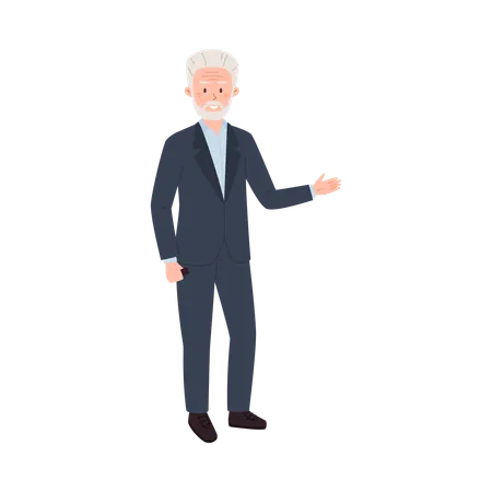 Senior man in suit explaining showing presenting  Illustration