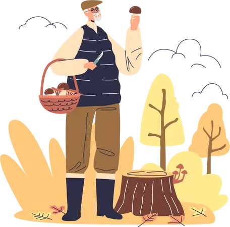 Senior man picking mushroom in autumn forest Illustration