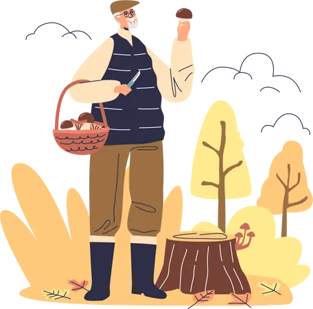 Senior man picking mushroom in autumn forest  Illustration