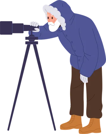 Senior Man Polar Explorer Cartoon Character In Warm Protective Clothes Looking Through Telescope Vector Illustration Arctic Wilderness Exploration Meteorological Expedition Science Adventure Illustration
