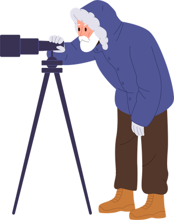 Senior man polar explorer in warm protective clothes looking through telescope  Illustration