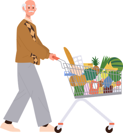Senior man pushing shopping cart  Illustration