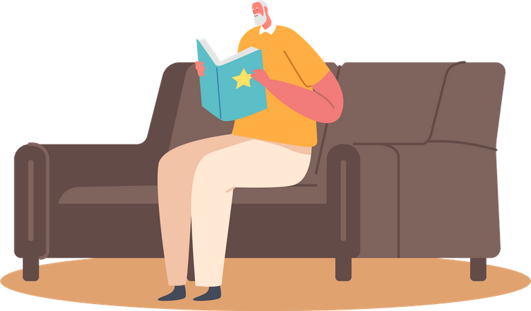 Senior Man reading book while sitting on couch Illustration