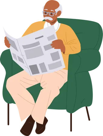 Senior Man Cartoon Retiree Character Reading Newspaper Sitting In Comfortable Home Armchair Vector Illustration Isolated On White Background Happy Grandfather Enjoying Rest And Daily Hobby Routine Illustration