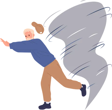 Senior man running away from dangerous tornado natural disaster  Illustration