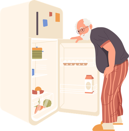 Senior man searching for food looking at shelves in opened kitchen refrigerator  Illustration